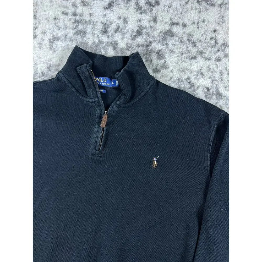 Polo Ralph Lauren Sweater Mens L Black 1/4 Zip Estate Rib Mock Neck Minimalist